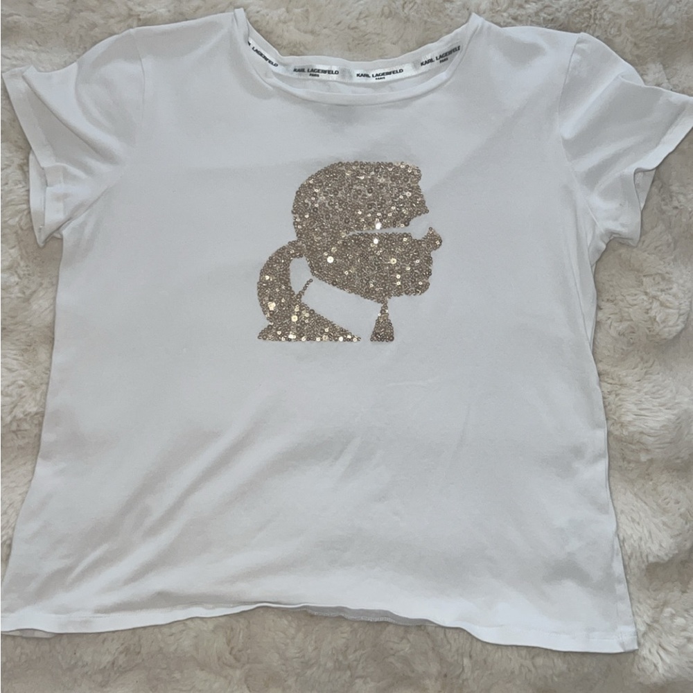 Karl Lagerfeld White Tee with Glitter Graphic